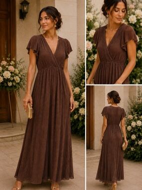 Baltic Born maxi dress XS chocolate brown flutter sleeve pleated wedding guest